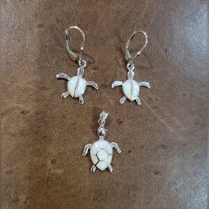 Opal Turtle Jewelry Earring And Pendant Set Silver 925.